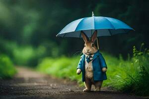 a rabbit in a suit holding an umbrella. AI-Generated photo