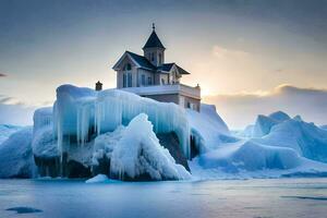 un Iglesia en un iceberg en el medio de el océano. generado por ai foto