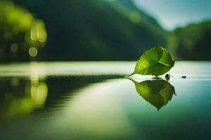 a leaf is floating on the water in front of a green background. AI-Generated photo