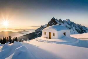 un pequeño blanco casa se sienta en parte superior de un Nevado montaña. generado por ai foto