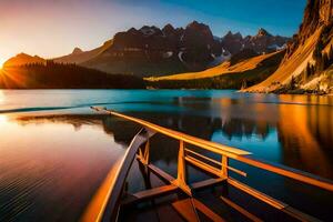 un barco en el agua a puesta de sol con montañas en el antecedentes. generado por ai foto