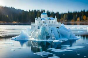 a small white castle floating on an iceberg. AI-Generated photo