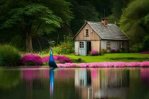 a peacock stands in front of a house on a lake. AI-Generated photo