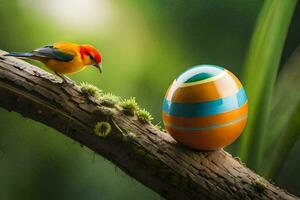 a colorful bird sits on a branch next to an egg. AI-Generated photo