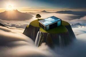 a house floating in the clouds with a tree on top. AI-Generated photo