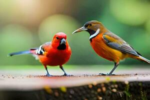 two colorful birds standing on a wooden platform. AI-Generated photo