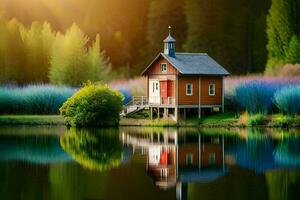 a small house sits on the edge of a lake. AI-Generated photo