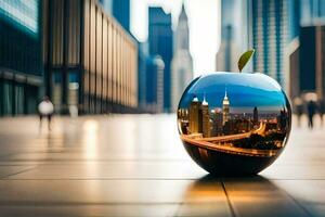 un manzana con un paisaje urbano reflejado en él. generado por ai foto