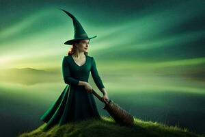 a woman in a green dress and hat is holding a broom. AI-Generated photo