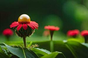 a golden egg on a red flower. AI-Generated photo