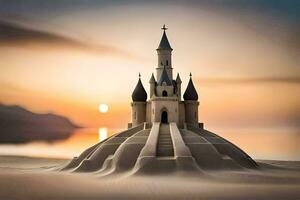 a castle in the sand at sunset. AI-Generated photo