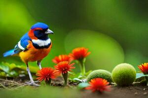 a colorful bird standing on the ground surrounded by flowers. AI-Generated photo