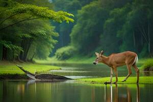 a deer stands in the water near a river. AI-Generated photo