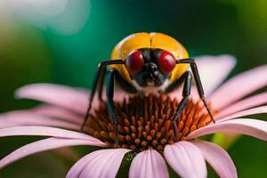 a close up of a yellow and black bug on a pink flower. AI-Generated photo