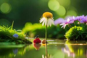 a flower is sitting in the water with a small bird. AI-Generated photo