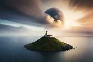 an island with a lighthouse and an earth in the sky. AI-Generated photo