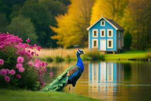 peacock in the water. AI-Generated photo