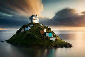 a house on an island in the ocean with clouds in the sky. AI-Generated photo