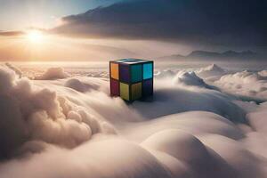 un cubo sentado en parte superior de nubes generado por ai foto