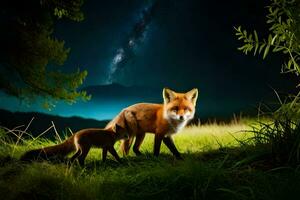 two foxes in the night with a tree and a sky. AI-Generated photo