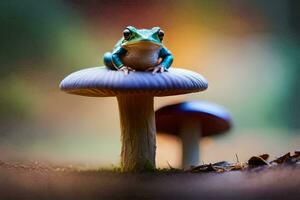 a frog sits on top of a mushroom. AI-Generated photo