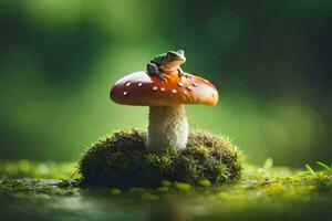 a frog sits on top of a mushroom in the middle of a pond. AI-Generated photo