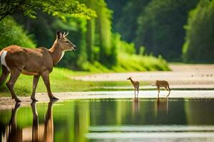 a deer and two baby deer are standing in the water. AI-Generated photo