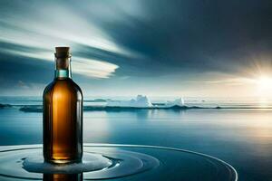 un botella de whisky sentado en un mesa en frente de el océano. generado por ai foto