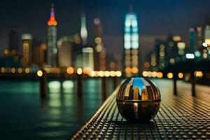 a ball sitting on a dock with a city in the background. AI-Generated photo