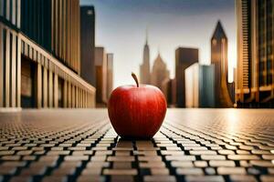 an apple is sitting on a street in front of a city. AI-Generated photo