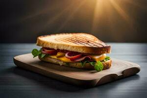 a grilled sandwich on a wooden board with a sunburst. AI-Generated photo