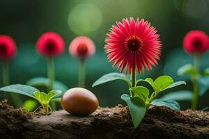 a red flower and an egg in the middle of a field. AI-Generated photo