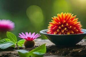 un cuenco de flores y un planta en un mesa. generado por ai foto