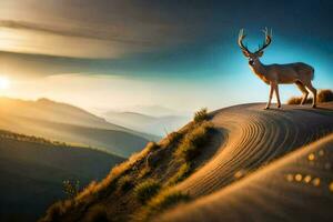 a deer stands on top of a hill at sunset. AI-Generated photo