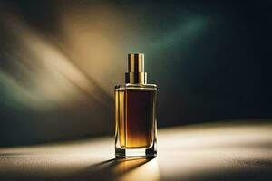 a bottle of perfume on a table. AI-Generated photo