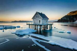 a house sits on top of an ice floe in the middle of the water. AI-Generated photo