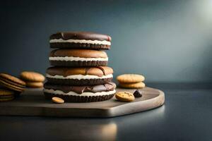 a stack of chocolate cookies with peanut butter on top. AI-Generated photo