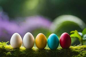 five colorful eggs are lined up on a mossy branch. AI-Generated photo