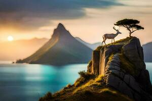 the deer is standing on the edge of the cliff. AI-Generated photo