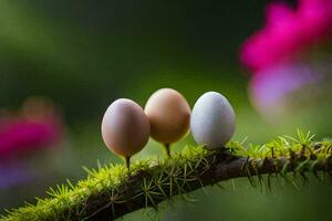 three eggs sit on a branch with pink flowers. AI-Generated photo