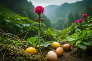 eggs and flowers in the middle of a field. AI-Generated photo