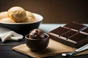 chocolate ice cream in a bowl with a spoon and a chocolate bar. AI-Generated photo