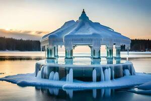 a gazebo covered in ice on the water. AI-Generated photo