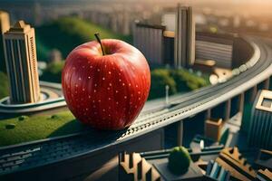 an apple is sitting on top of a bridge over a city. AI-Generated photo