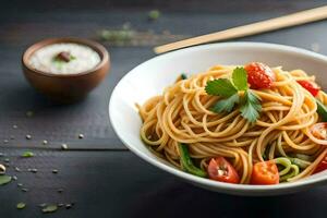 a bowl of noodles with vegetables and chopsticks. AI-Generated photo