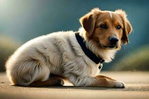 a dog sitting on the ground with a blurry background. AI-Generated photo
