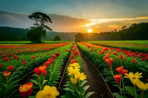 un campo de tulipanes a puesta de sol. generado por ai foto