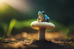 a frog sitting on top of a mushroom. AI-Generated photo