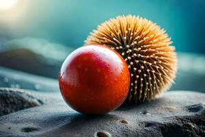 a red and orange ball on a rock. AI-Generated photo