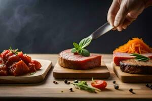 a person is cutting meat on a cutting board. AI-Generated photo